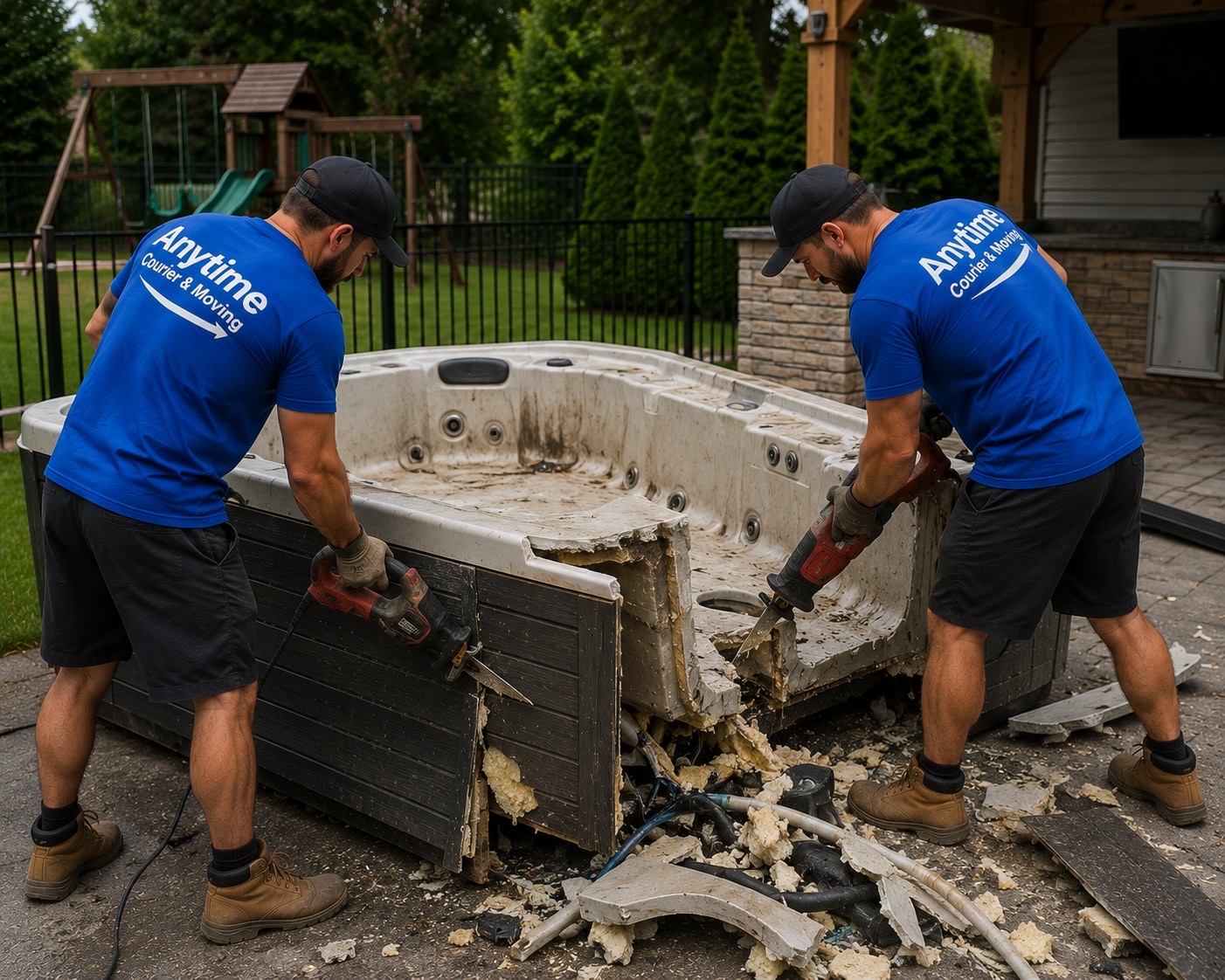 Anytime Courier and Moving crew breaking down and removing a residential hot tub