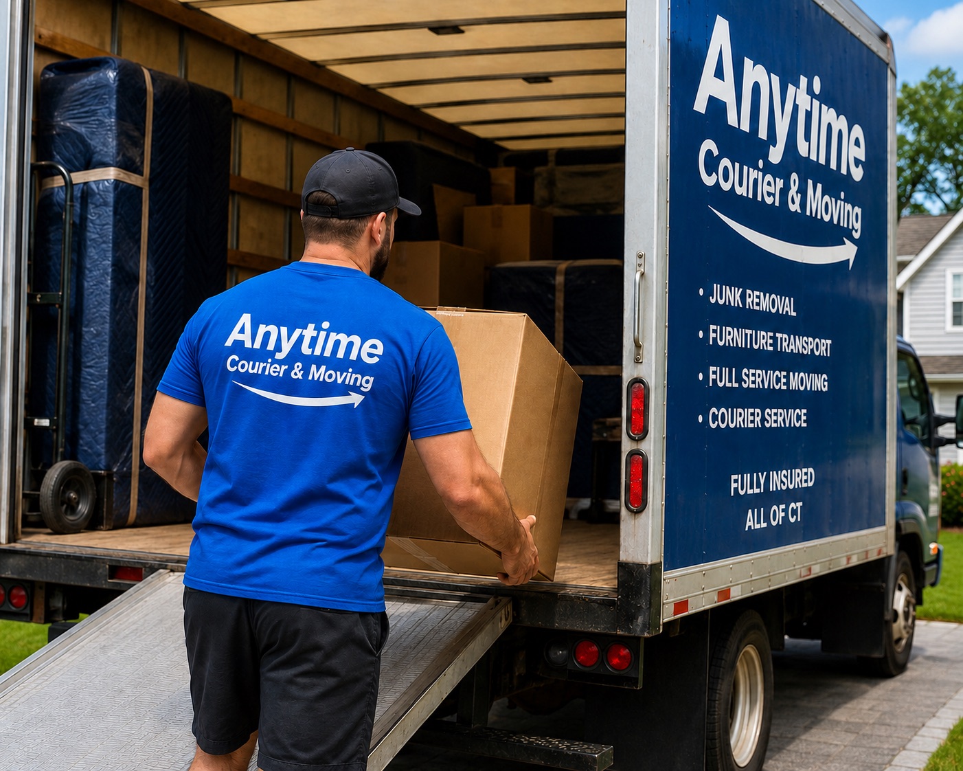 Anytime Courier and Moving crew loading a box truck for a residential move